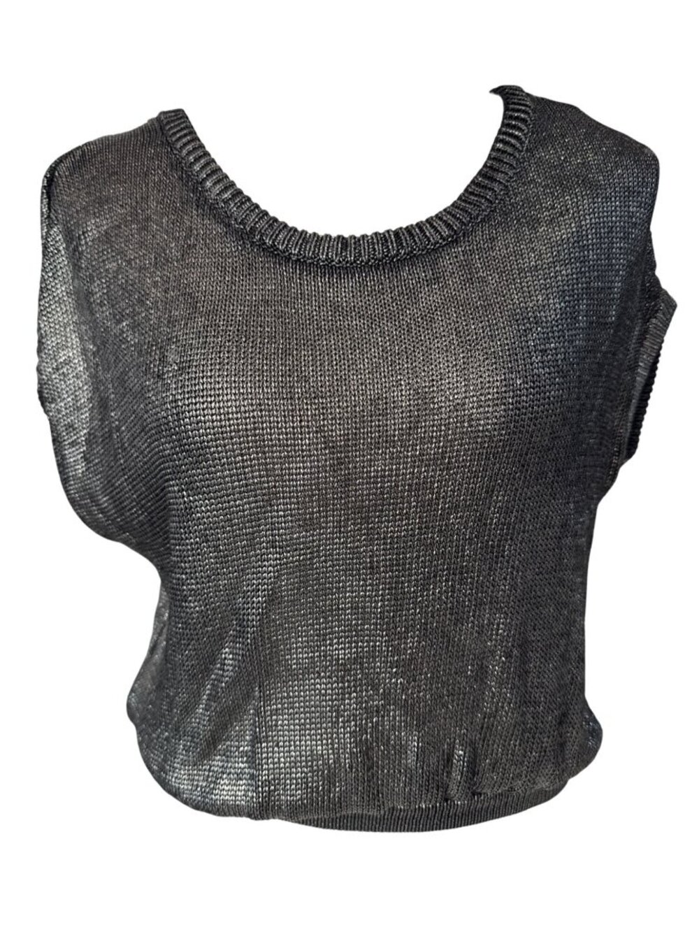 Jessica Simpson Sleek Metallic Gray Knit Top Short Sleeve Lightweight Sweater M